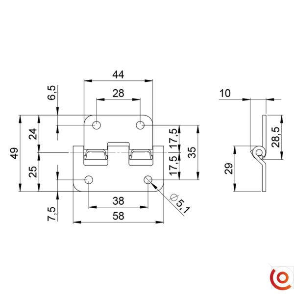 Charnière Dégondable grande pour flight cases 2251 dessin technique