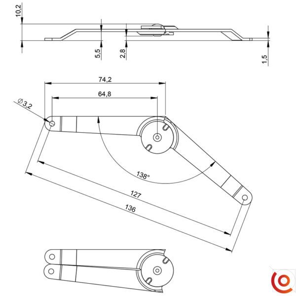 Charnière Compas pour Couvercle de flight cases 2701 dessin technique