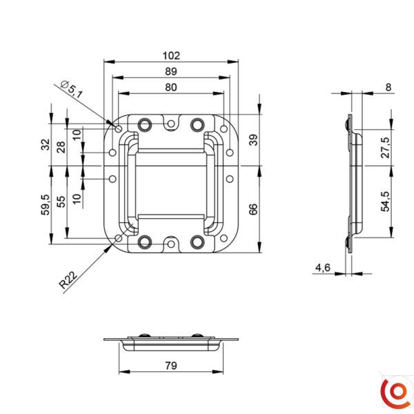 Arrêtoir de Couvercle médium sans Passage de Profilé pour flight cases 2709 dessin technique