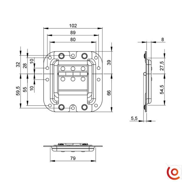 Arrêtoir de Couvercle avec Charnière et passage de profilé pour flight cases 27095 dessin technique