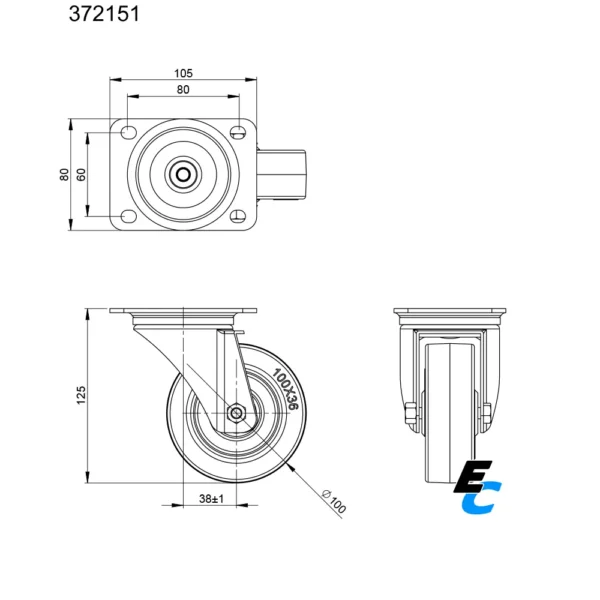 Plan roulette noire de 100 mm de diamètre pour flight case 372151 adam hall