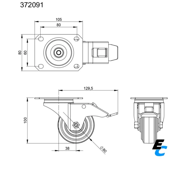 Plan de la roulette pivotante noire avec frein 372191 BLK