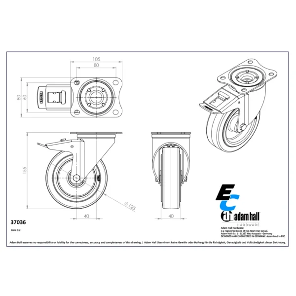 Plan de la roulette de 125 mm de diamètre avec frein 37036