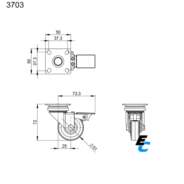 Roulette pivotante avec frein 50 mm de diamètre – Image 2