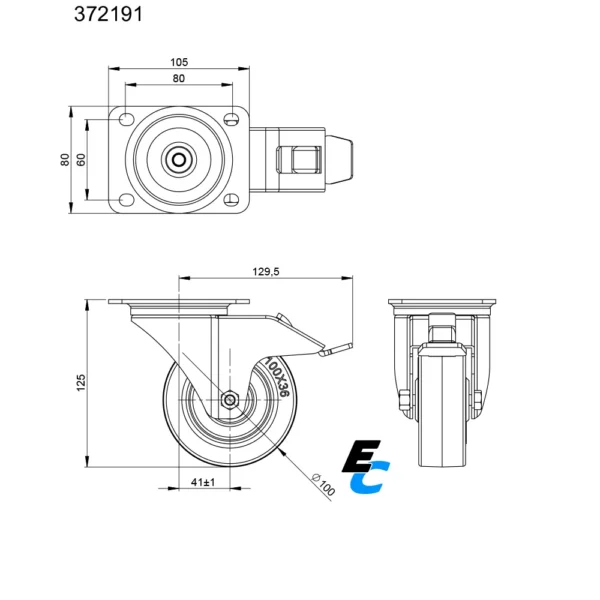 Plan de la roulette de 80 mm de diamètre avec frein 372091