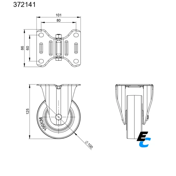 Plan de la roulette fixe sans frein de 100 mm de diamètre 372141