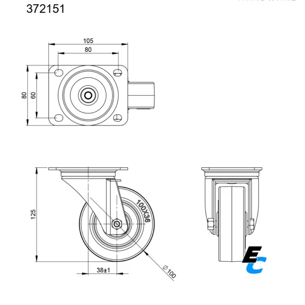 Plan de la roulette pivotante sans frein 100 mm de diamètre 372151 avec bandage bleu